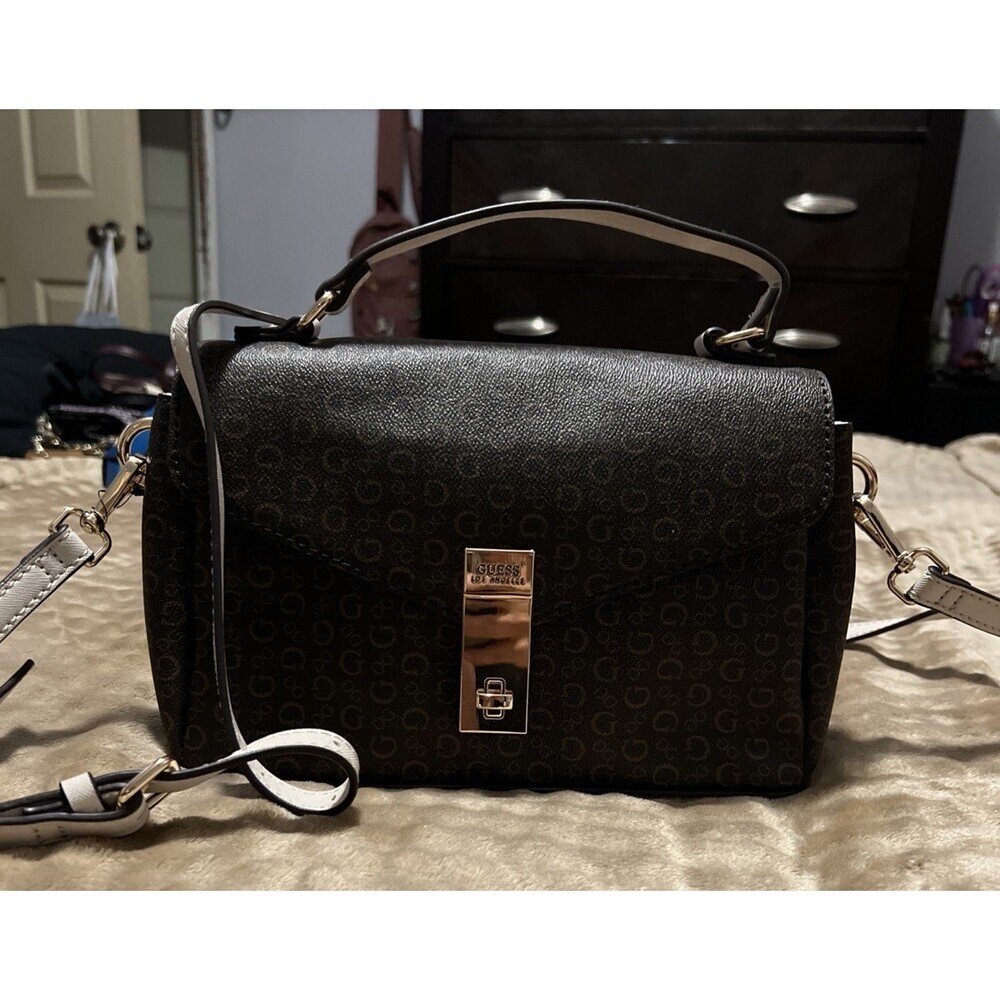 Guess Brown Faux Leather Shoulder Bag Logo Buckle Accent Adjustable Strap R3